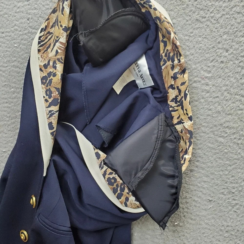 Danny & Nicole Blazer Dress Womens 8P Navy‎ Leopard Print Shawl Collar Formal